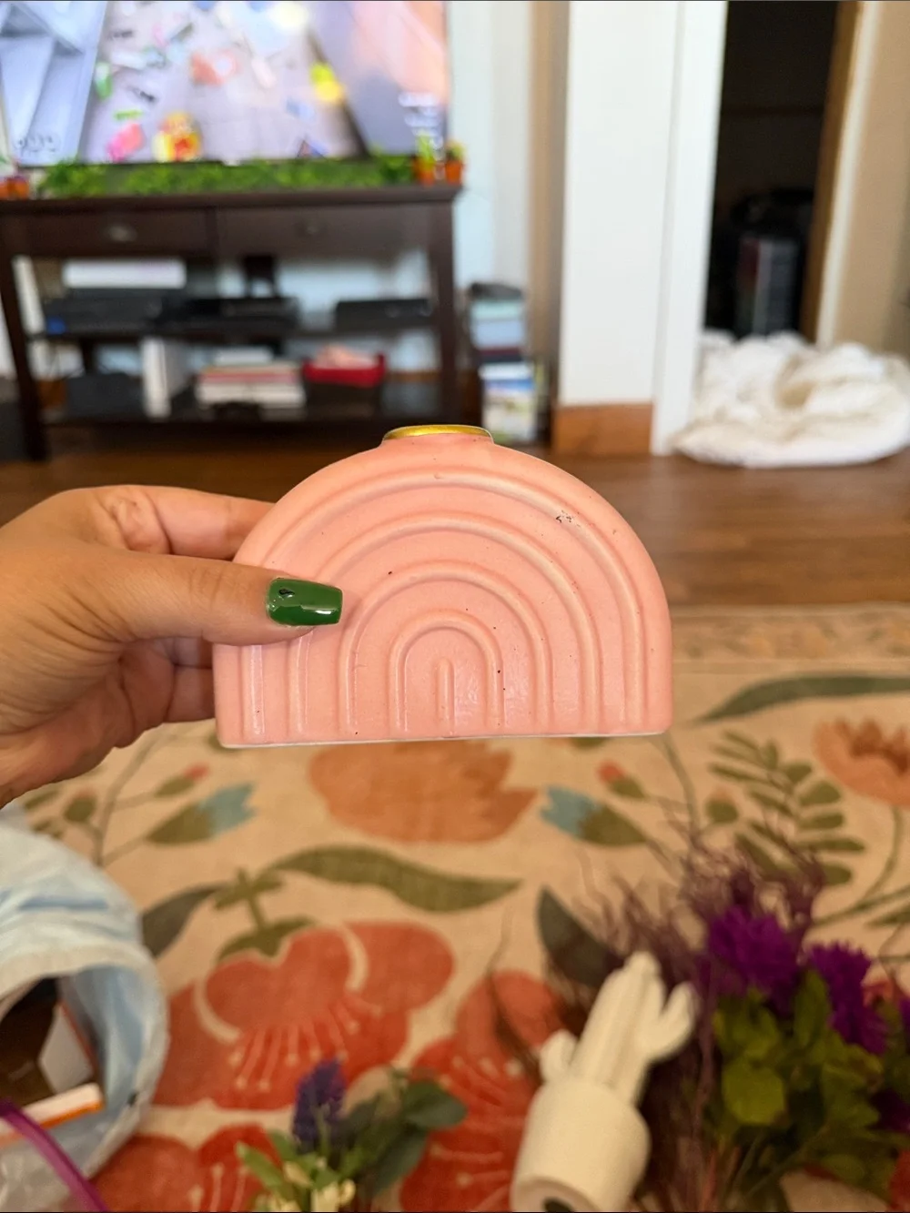 Handheld Pink Rainbow Ceramic Vase with Faux Lavender